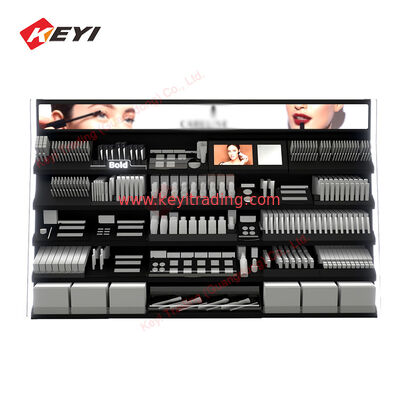 Aangepaste houten muur cosmetische planken vitrinekast en make-up display muurshowcase voor cosmetische salonwinkel