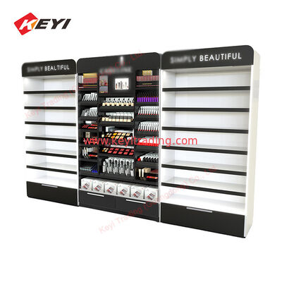 Aangepaste houten muur cosmetische planken vitrinekast en make-up display muurshowcase voor cosmetische salonwinkel
