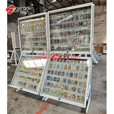 Herplaatsbare railkaartvitrine Retail Groothandel Pokemon Trading Card Metaal en acryl displayrek voor TCG Store