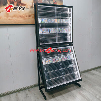 Herplaatsbare railkaartvitrine Retail Groothandel Pokemon Trading Card Metaal en acryl displayrek voor TCG Store