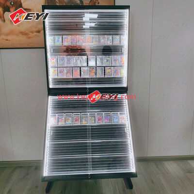 Herplaatsbare railkaartvitrine Retail Groothandel Pokemon Trading Card Metaal en acryl displayrek voor TCG Store
