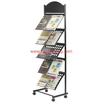 Custom Durable 5 Tier Metal Shelves Magazin Rack Magazine Display Dtand With Wheel