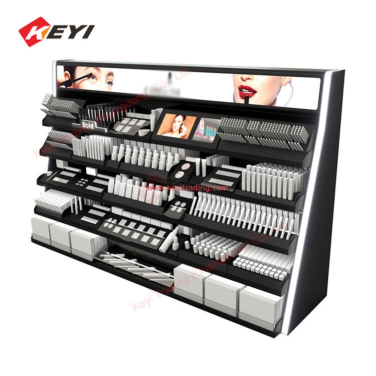 Aangepaste houten muur cosmetische planken vitrinekast en make-up display muurshowcase voor cosmetische salonwinkel