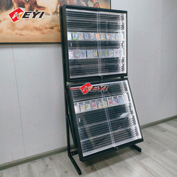 Herplaatsbare railkaartvitrine Retail Groothandel Pokemon Trading Card Metaal en acryl displayrek voor TCG Store
